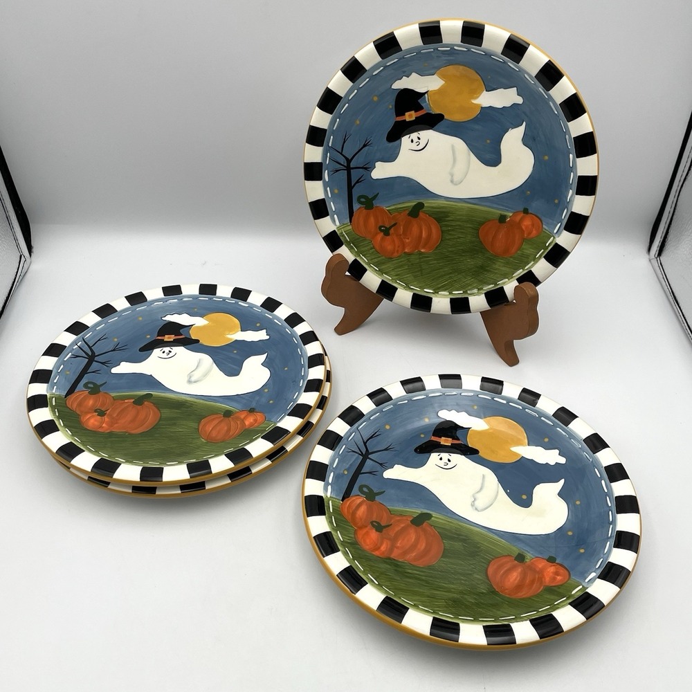 Vintage 2000s Halloween Ghost Witch Hat Pumpkin Plates Set of 4 8.25" Ceramic